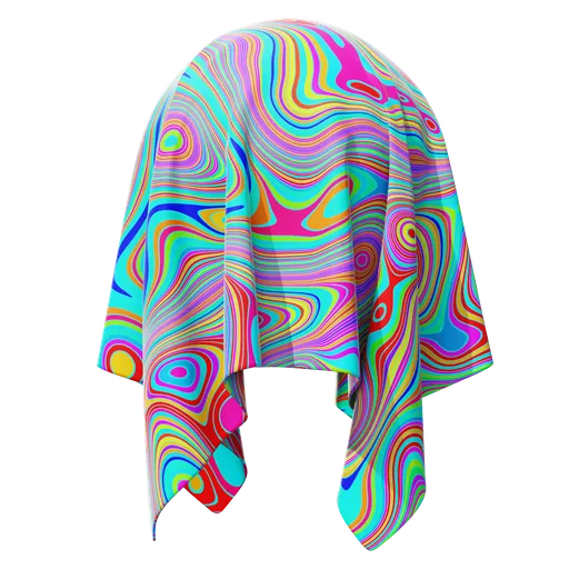 High-resolution psychedelic marbled PBR fabric texture for 3D Blender materials, ideal for fashion and textile designs.