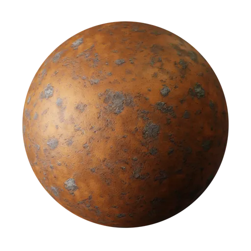 High-resolution PBR rusty material texture for 3D modeling in Blender, showcasing vivid orange-red oxidation and realistic dark spots.