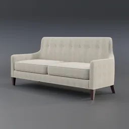 3D-rendered vintage fabric sofa with wooden legs, Blender-ready for interior design visualization.