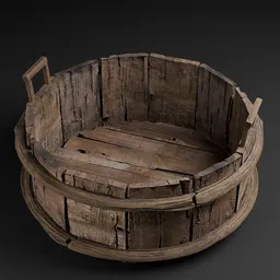 Realistic Blender 3D model of an old wooden barrel with detailed textures and handles.