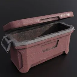 "Industrial container for Blender 3D - Cooler Trash concept art with highly detailed textures and post-apocalyptic scavenger style. Inspired by Walter Haskell Hinton and featuring military storage crate and pink concrete elements. Perfect for in-game or unreal engine 5 projects."