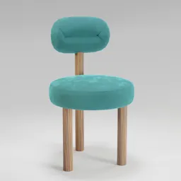 "Handmade solid wood Henry dining chair, upholstered in soft velvet, 3D model for Blender 3D in the Regular Chair category by Flavia Blois. High-end design with round shapes and three wooden legs."
