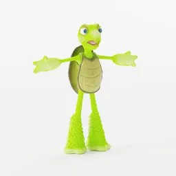Charming green cartoon turtle 3D model with big eyes, standing upright, optimized for Blender use.