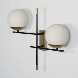 3D-rendered dual-bulb wall sconce with matte black arms and gold accents in modern style.