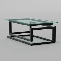 "Blender 3D Infinity Table: A sleek metal base paired with a rectangular black glass top, inspired by the constructivism style. Orthographic front view of the Infinity Table, perfect for retail and deconstructivism designs. Created using Blender 3D software."