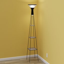 "Modern Black Metal Floor Lamp with Glass Shelves - Blender 3D Model". This 3D model features a tall, thin build with contrasting colors and a tripod base, inspired by the designs of Dennis H. Farber. The lamp includes glass shelves and emits single flooded tower light rays. Perfect for modern lighting in medium to large design elements.