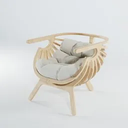 Detailed wooden armchair 3D model with plush cushions, designed for Blender, showcasing high-resolution texturing.