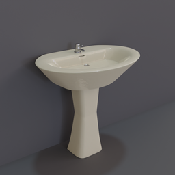 "Pedestal Sink 3D model for Blender 3D: A highly detailed, untextured monochrome 3D model of a white sink with a round base. Features include a realistic drain hose and flexible design for water loading, along with a functioning mixer for hot and cold water selection. Perfect for architectural visualization and game renders in Blender 3D."