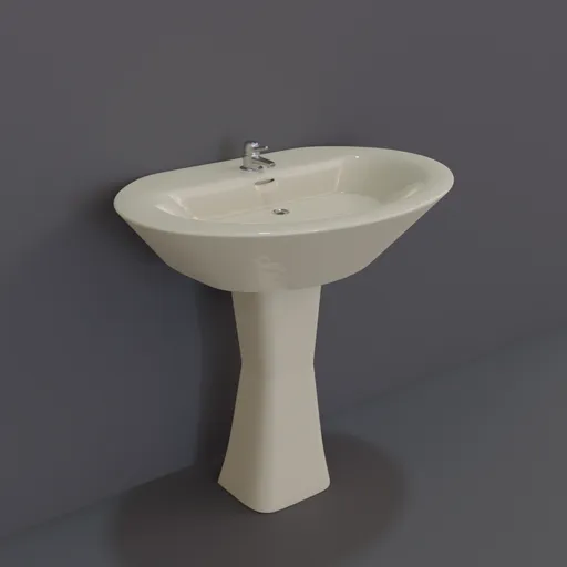 Detailed 3D pedestal sink model with functional mixer, drain hose, and water fixture for Blender rendering.