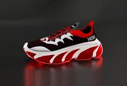 Detailed Blender 3D rendering of athletic shoes with red accents on a reflective surface.