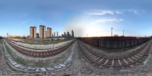 Sunset skyline panorama with multiple railway lines converging, urban scenery lighting resource.