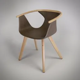 3D model of a modern chair with a unique circular backrest and wooden legs, suitable for Blender rendering.