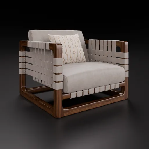 Realistic Blender 3D model of a soft leather armchair with a cushion and wooden frame, showcasing adjustable colors.