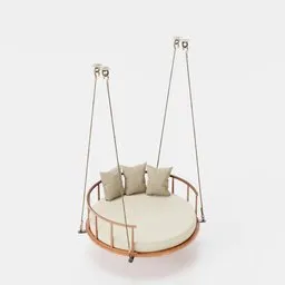 "Traditional Solid Wood Swing 3D model in Blender 3D, ideal for home design and decoration. Rendered with pillows and detailed wooden texture, creating an inviting and comfortable atmosphere for any scene."