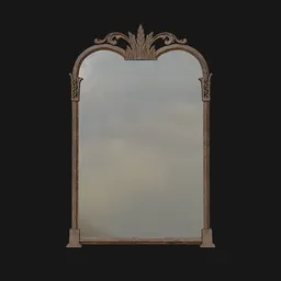 "An elegant ornamental mirror with bronze and silver accents, created in Blender 3D software. The intricate frame adds a regal and surreal aesthetic, ideal for use in video game assets or interior design projects."