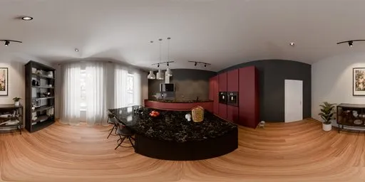 360-degree HDR panorama of a modern kitchen-dining room with black marble island, red cabinets, and elegant furniture.