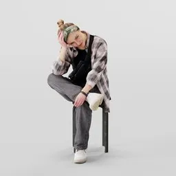 Blonde 3D character in stylish urban wear, hand on head, for Blender modeling and animation.