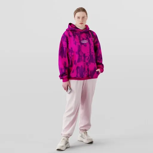 3D Blender model of a girl in a pink hoodie with backpack and phone, casual outfit, for urban scene rendering.