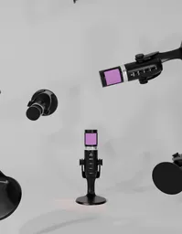 Detailed 3D render of a sleek black studio microphone for Blender modeling and audio equipment visualization.
