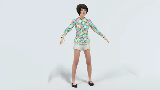 Realistic 3D female model in Blender, rigged and textured with floral shirt and shorts.