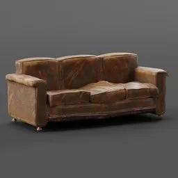 "Brown leather Old Wornout Sofa with beer stains on textured base, a 3D model for Blender 3D. Created by Bapu, this untextured replica adds character to any virtual metaverse room or in-game 3D scene."