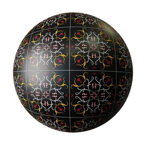 PBR ceramic floor material with decorative patterns for 3D modeling and rendering, suitable for Blender and other 3D applications.