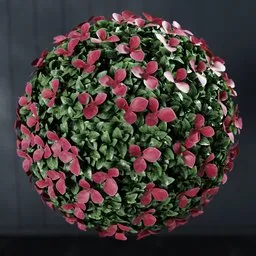 "Artificial gardenia ball in shades of pink and red on a textured disc base, perfect for indoor nature scenes in Blender 3D. The physically-based render features green vegetation and falling petals, with the option to divide the sphere in half or add a branch for a tree effect. Geometry nodes generated using the Bagapie addon with permission."