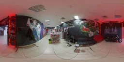 360-degree HDR image featuring a vibrant gym lobby with murals, fitness equipment, and lighting for scene rendering.