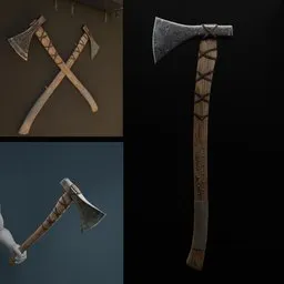 Detailed 3D model of a crafted axe with carved handle, ideal for historical and fantasy scenes in Blender.
