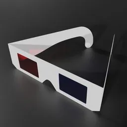 Realistic Blender 3D model render of paper anaglyph glasses with red and blue lenses, reflecting on a dark surface.