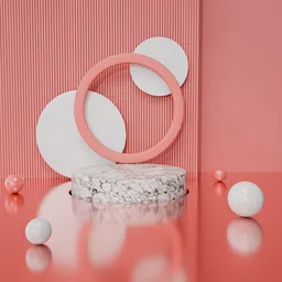 3D Blender studio scene with abstract shapes in coral and white for product display and customization.