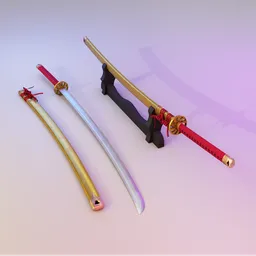 "Katana Gold 3D model for Blender 3D - a historically accurate Japanese sword with a single-edged curved blade and circular/squared guard. Samurai weapon with unique golden curve characteristics, realistic texture mapping with mixed AO, and a clean mesh design. Free 4k/8k normal maps available for download."