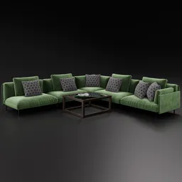 High-quality 3D Blender model of a modular green velvet sofa with customizable shaders, detailed textures, and couch pillows.