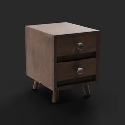 "Wooden side table cabinet with two drawers in monochrome 3D model for Blender 3D. Ideal for office storage and inspired by design influences such as Josef Navrátil and Karl Gerstner. Enhance your 3D projects with this cute and functional furniture piece."