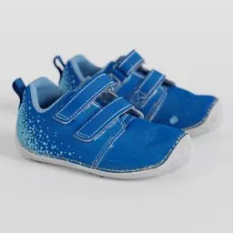 Detailed 3D model of children's casual blue shoes with velcro straps and a playful design, ideal for Blender rendering projects.