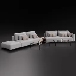 3D sectional sofa with coffee table, fabric texture, and minimalist decor optimized for Blender.