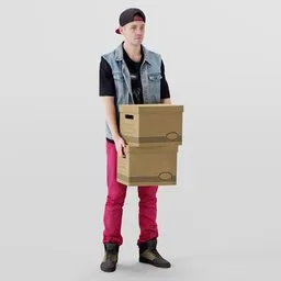 Realistic male 3D model in casual attire holding cardboard boxes, compatible with Blender for animation and rendering.