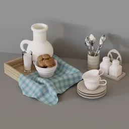 High-quality 3D modeled kitchenware with utensils, pitcher, mugs, and cloth on tray, Blender compatible, perfect for visualization.