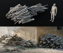 Realistic 3D scanned logs and sticks model for Blender, ideal for environmental scenes and natural settings.