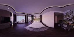 360-degree modern hotel bedroom HDR with natural lighting, wood floors, cozy bed, art decorations, desk, and city view.