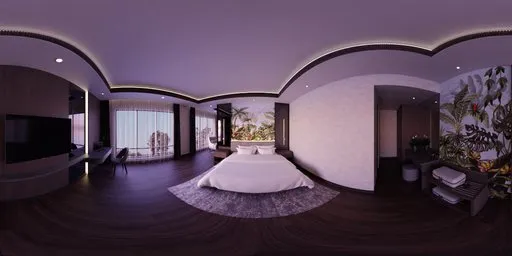 360-degree modern hotel bedroom HDR with natural lighting, wood floors, cozy bed, art decorations, desk, and city view.