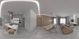 360° HDR panorama of a modern living room & kitchen with bright lighting, wood tones, and minimalist decor.