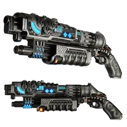Detailed 3D sci-fi gun model with intricate textures, designed in Blender for game and animation use.