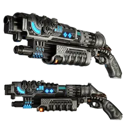 "Explore the intricate design of the Sci-Fi Gun 3D model created in Blender. Detailed with biometrical patterns and glowing blue lights, this military sci-fi weapon is perfect for game developers and animation enthusiasts. A timeless masterpiece with lifelike textures and realistic lighting, crafted with precision using ZBrush, Unfold3D, Substance, and Cycle."
