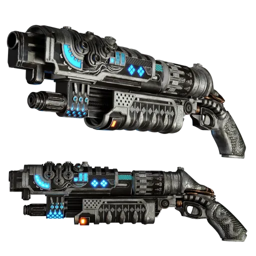 Detailed 3D sci-fi gun model with intricate textures, designed in Blender for game and animation use.