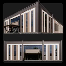 Modern 3D sport complex model with vertical windows, contrasting tones, and elegant canopy for Blender.