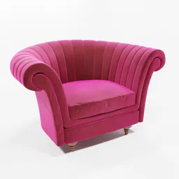 "3D model of a velvet armchair sofa rendered in Blender 3D. Features a pink cushion and intricate details inspired by Louise Abbéma. Can be customized to change color."