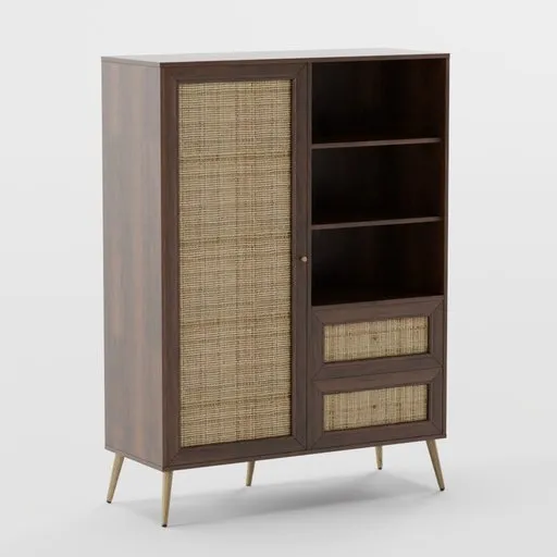 Detailed 3D model of a vintage-inspired wooden bookshelf with rattan details, available in multiple color options, created in Blender.