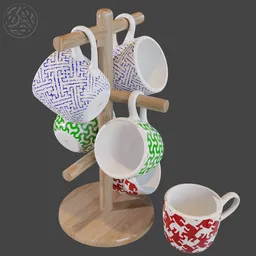 Detailed 3D modeled bamboo mug tree with six mugs featuring unique Escher-style and geometric patterns, optimized for Blender.