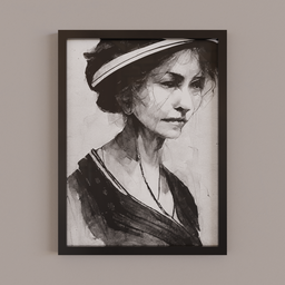 "Black and white 3D painting of a middle-aged woman in a black frame, inspired by George Hendrik Breitner, created with Blender 3D software. Ideal for game art and design projects. Available for purchase on the store website."